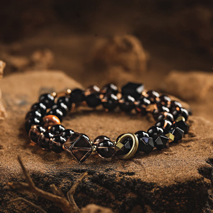 Olivenorma Men Obsidian Smoky Quartz Beads Titanium Steel Bracelet - 18cm - image 0