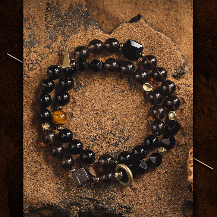 Olivenorma Men Obsidian Smoky Quartz Beads Titanium Steel Bracelet