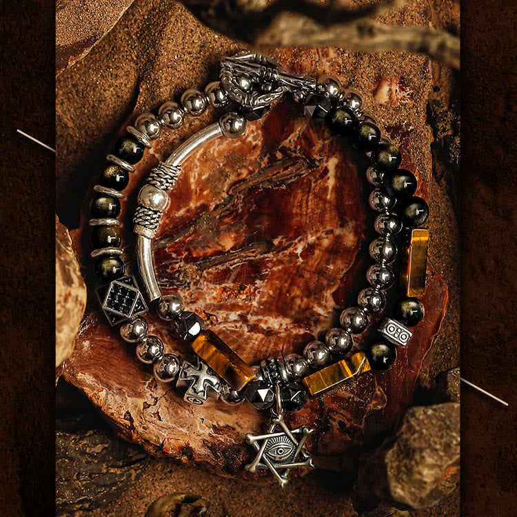 Olivenorma Men Tiger Eye Gold Obsidian Evil Eye Beads Bracelet - image 5