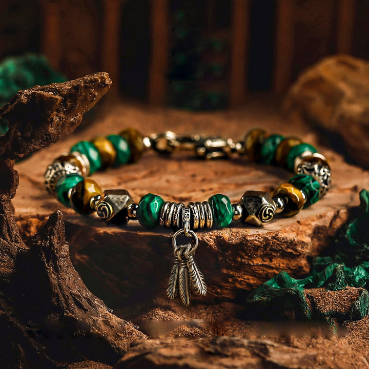 Olivenorma Men Tiger Eye Malachite Feather Pendant Beads Bracelet