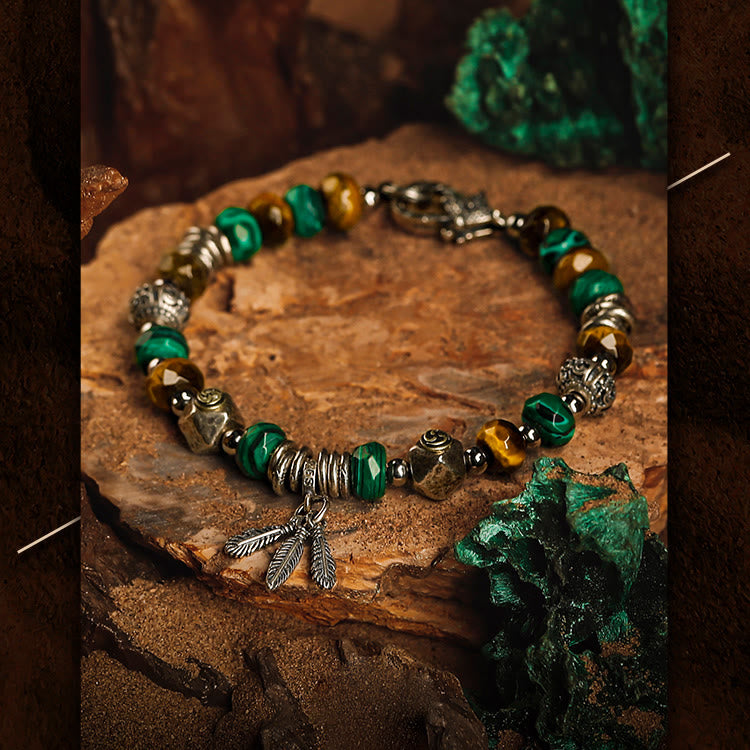 Olivenorma Men Tiger Eye Malachite Feather Pendant Beads Bracelet - image 5