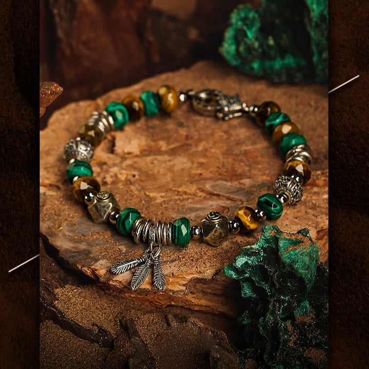 Olivenorma Men Tiger Eye Malachite Feather Pendant Beads Bracelet - image 5