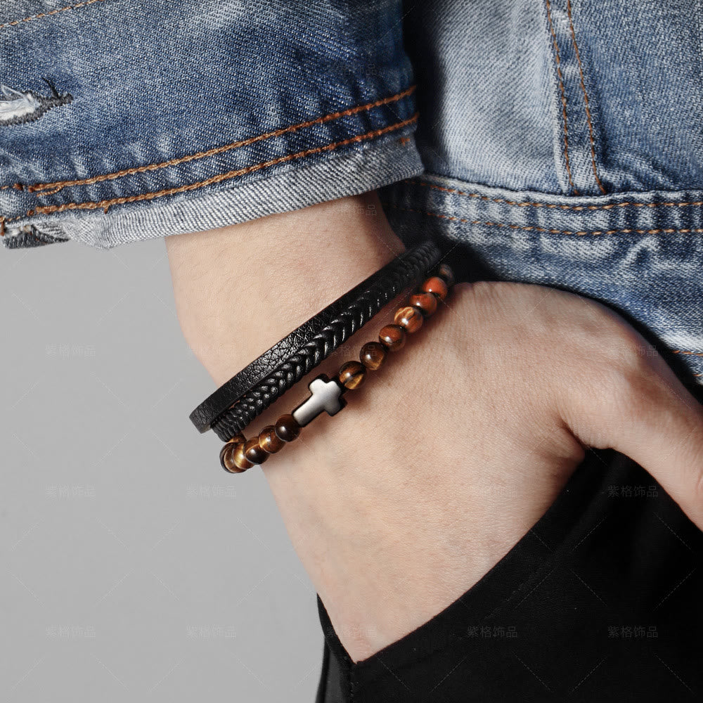 Olivenorma Tiger Eye Cross Stainless Steel Braided Leather Bracelet