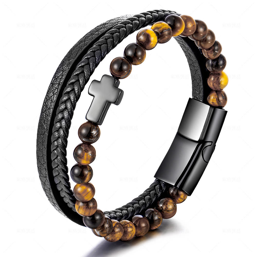 Olivenorma Tiger Eye Cross Stainless Steel Braided Leather Bracelet