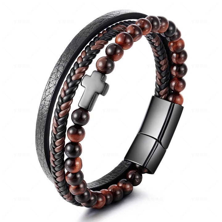 Olivenorma Tiger Eye Cross Stainless Steel Braided Leather Bracelet