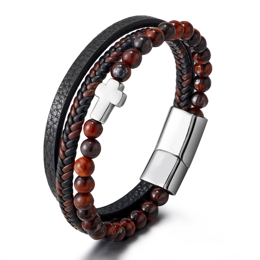 Olivenorma Tiger Eye Cross Stainless Steel Braided Leather Bracelet