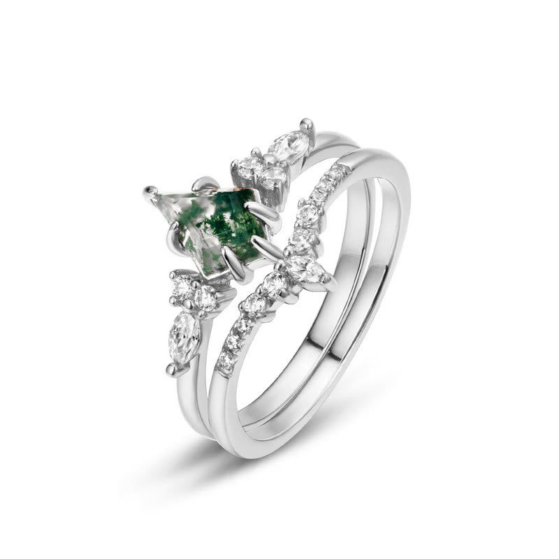 Olivenorma 2Pcs Moss Agate White Zircon Five-Prong Ring - Silver - 8 - image 7
