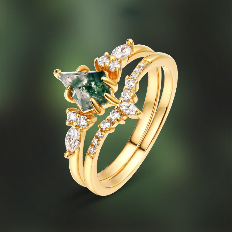 Olivenorma 2Pcs Moss Agate White Zircon Five-Prong Ring - image 9