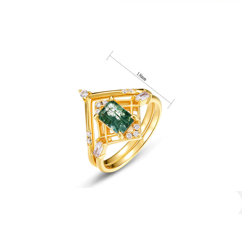 Olivenorma 2Pcs Rectangular Moss Agate Hollow Design Ring - image 4