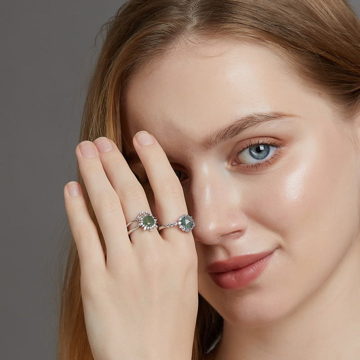 Olivenorma 2Pcs Moss Agate Sunflower Design Ring - image 3