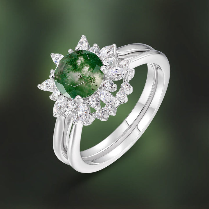 Olivenorma 2Pcs Moss Agate Sunflower Design Ring