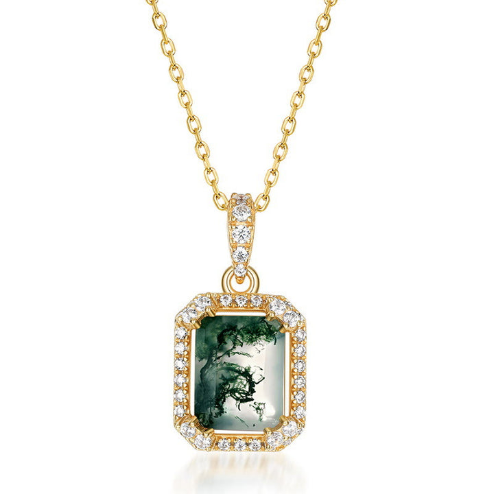 Olivenorma Square Moss Agate White Zircon Necklace - Golden - image 2