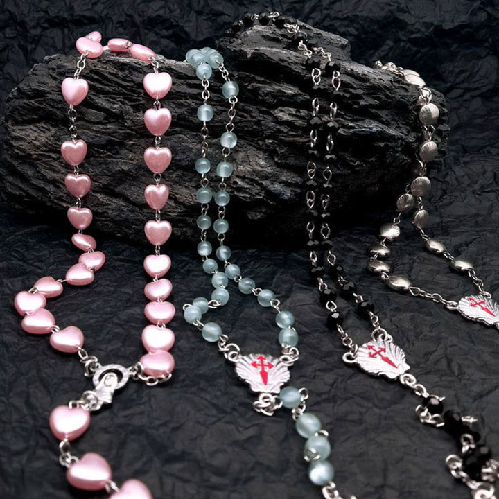 Olivenorma Heart Cat's Eye Stone Rosary Necklace