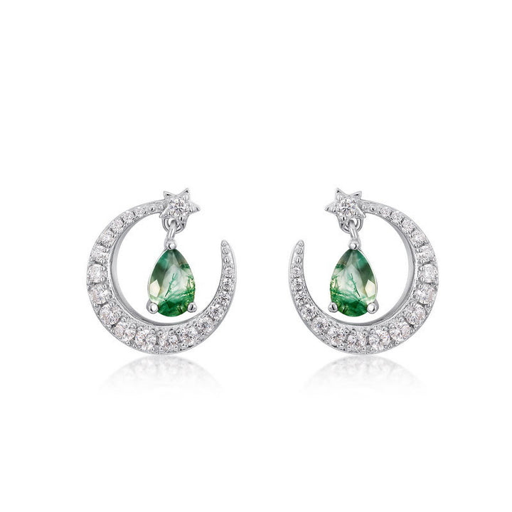 Olivenorma Moss Agate White Zircon Meniscus Design Earrings