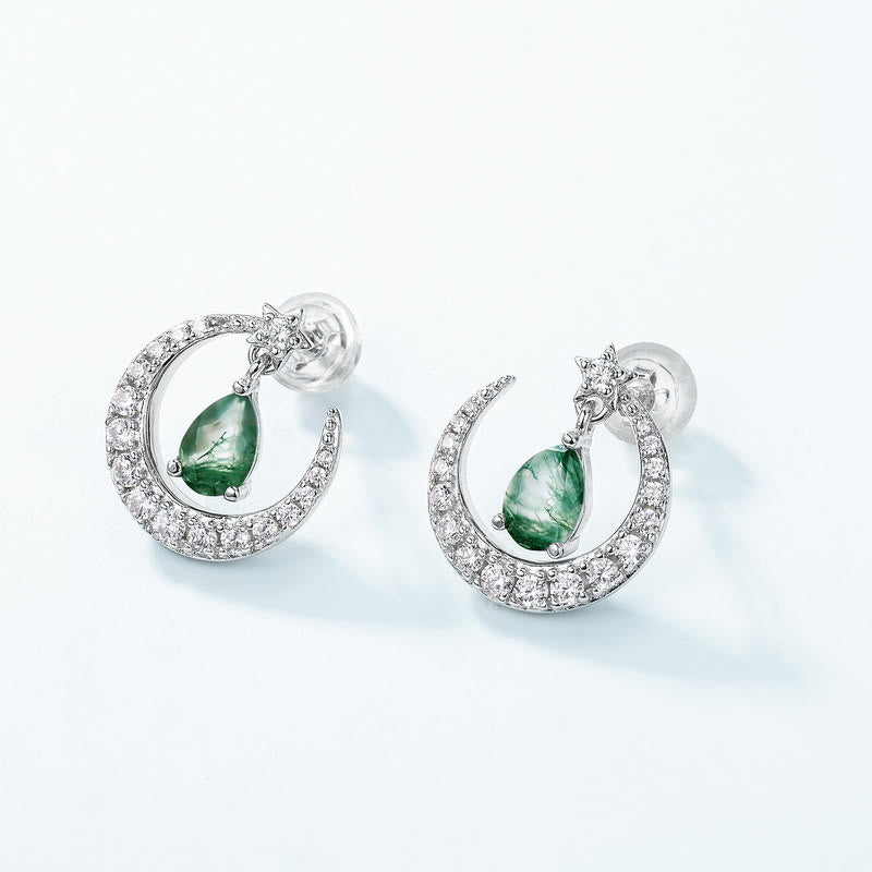 Olivenorma Moss Agate White Zircon Meniscus Design Earrings