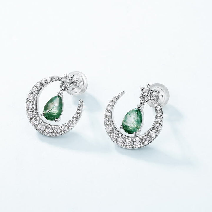 Olivenorma Moss Agate White Zircon Meniscus Design Earrings