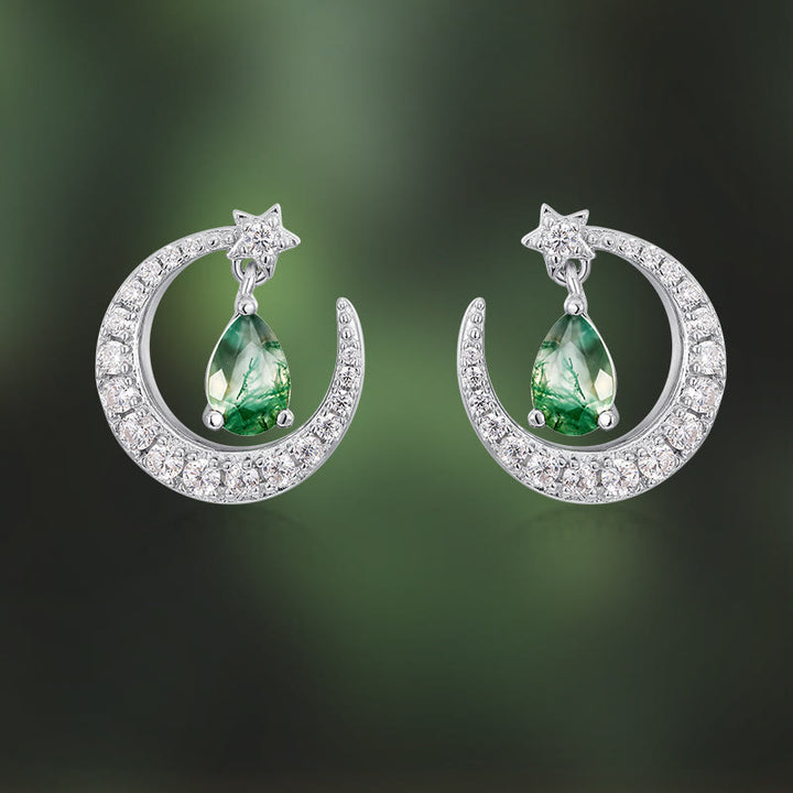 Olivenorma Moss Agate White Zircon Meniscus Design Earrings