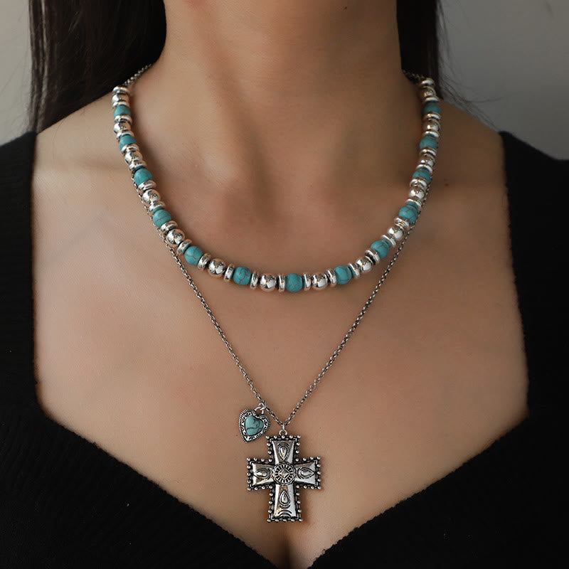 Olivenorma Turquoise Heart Cross Pendant Alloy Jewelry Set