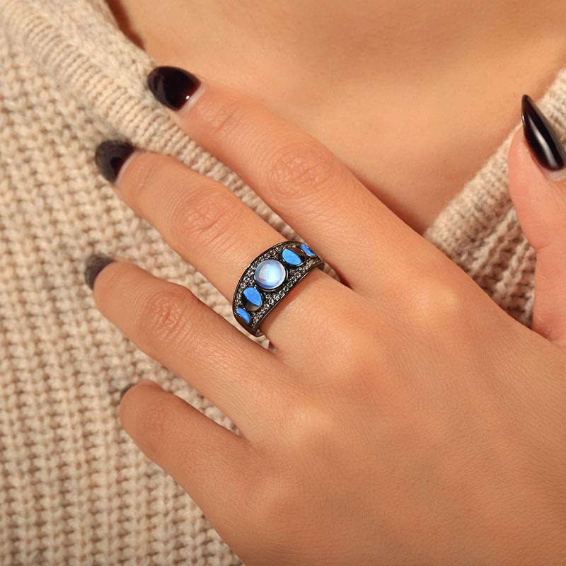 Olivenorma Moonstone Opal Wide Border Silver Black Ring