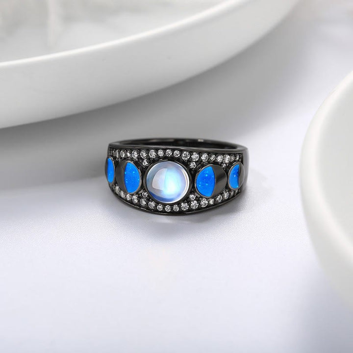 Olivenorma Moonstone Opal Wide Border Silver Black Ring