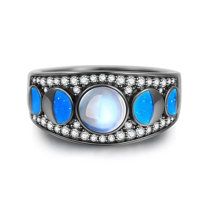 Olivenorma Moonstone Opal Wide Border Silver Black Ring