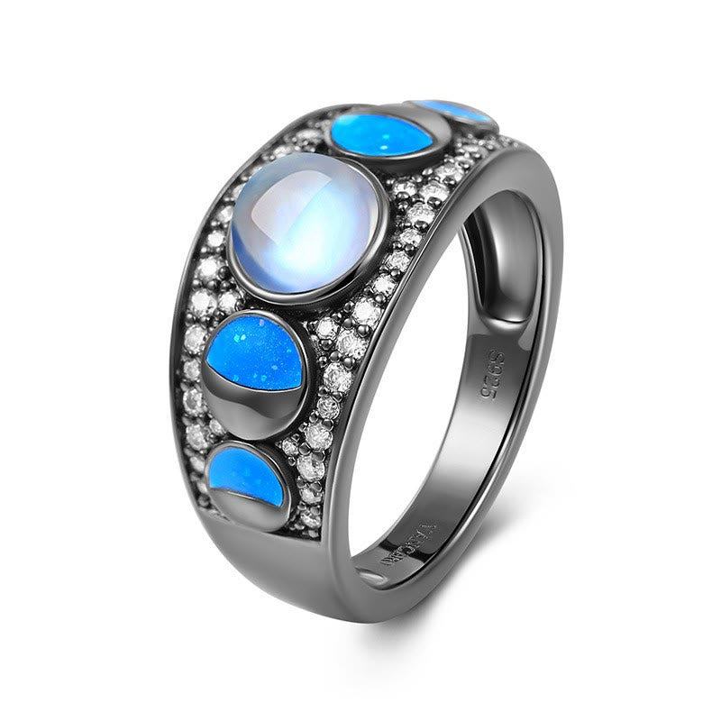 Olivenorma Moonstone Opal Wide Border Silver Black Ring