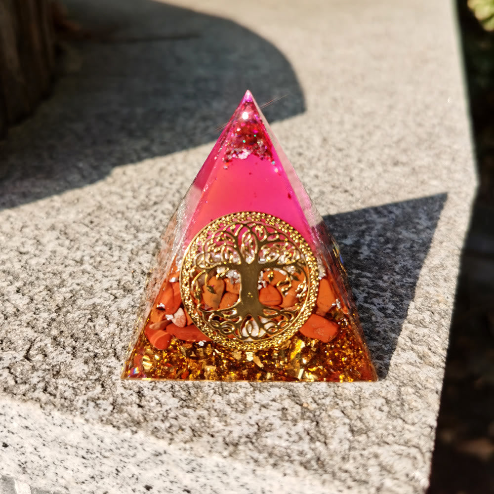 Olivenorma Pink Crystal Red Jasper Tree of Life Orgone Pyramid