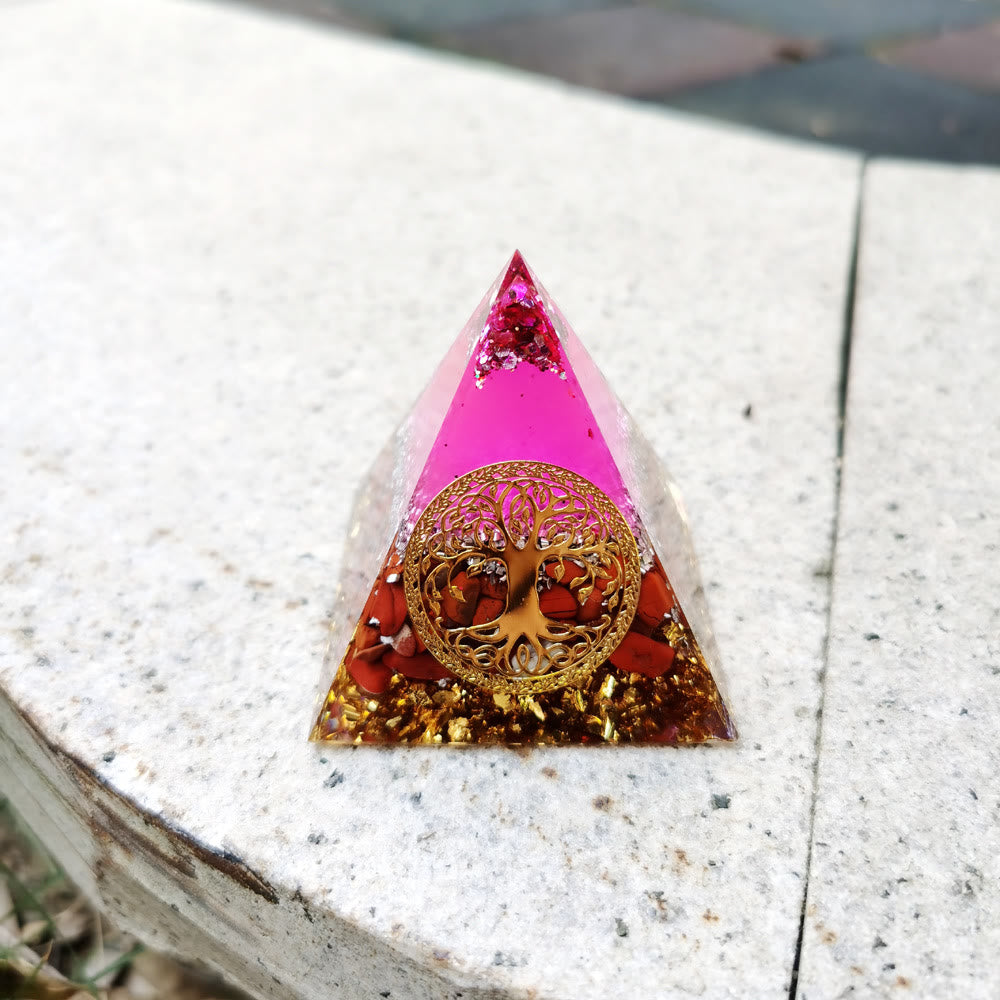 Olivenorma Pink Crystal Red Jasper Tree of Life Orgone Pyramid