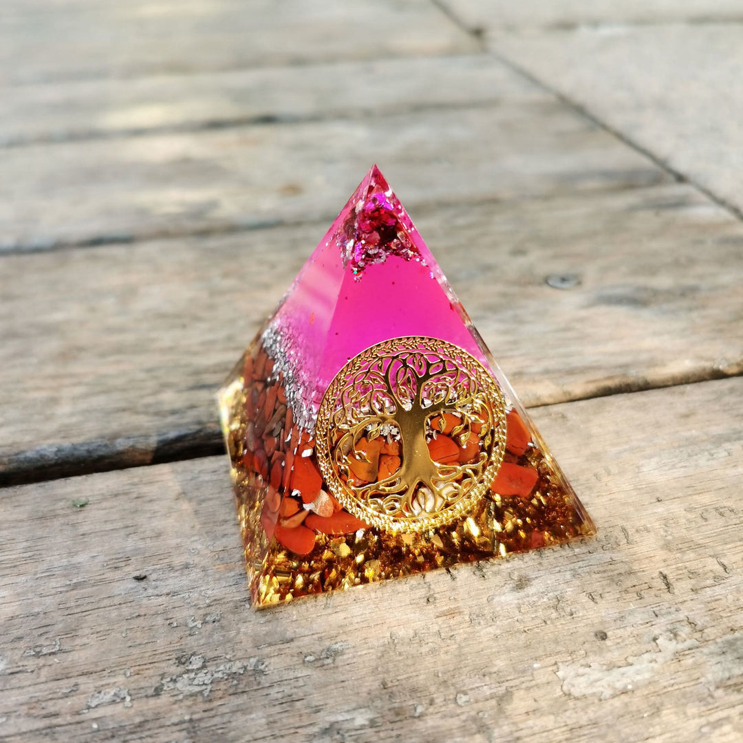 Olivenorma Pink Crystal Red Jasper Tree of Life Orgone Pyramid