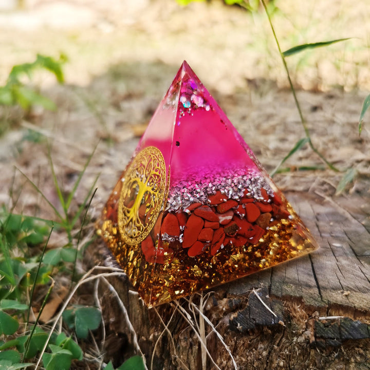 Olivenorma Pink Crystal Red Jasper Tree of Life Orgone Pyramid