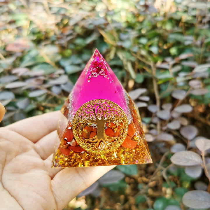 Olivenorma Pink Crystal Red Jasper Tree of Life Orgone Pyramid