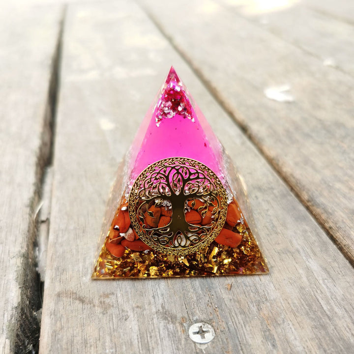 Olivenorma Pink Crystal Red Jasper Tree of Life Orgone Pyramid