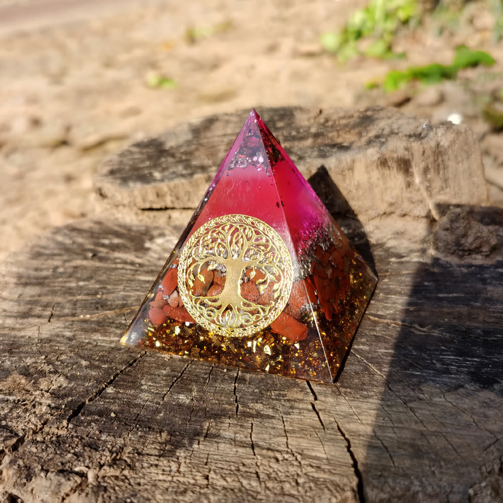 Olivenorma Pink Crystal Red Jasper Tree of Life Orgone Pyramid