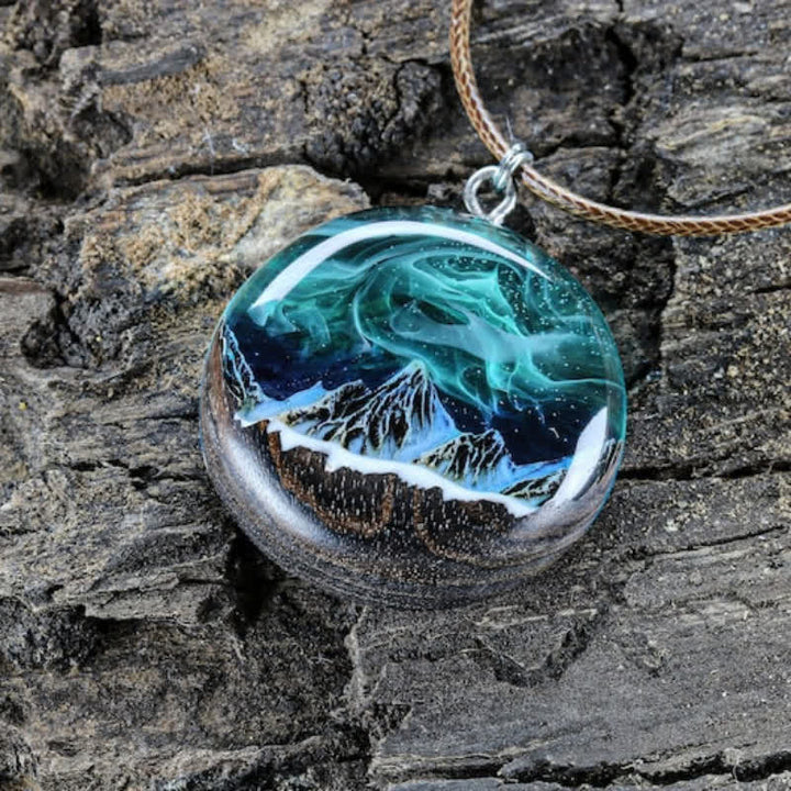 Olivenorma Aurora Borealis Wood Resin Round Pendant Necklace