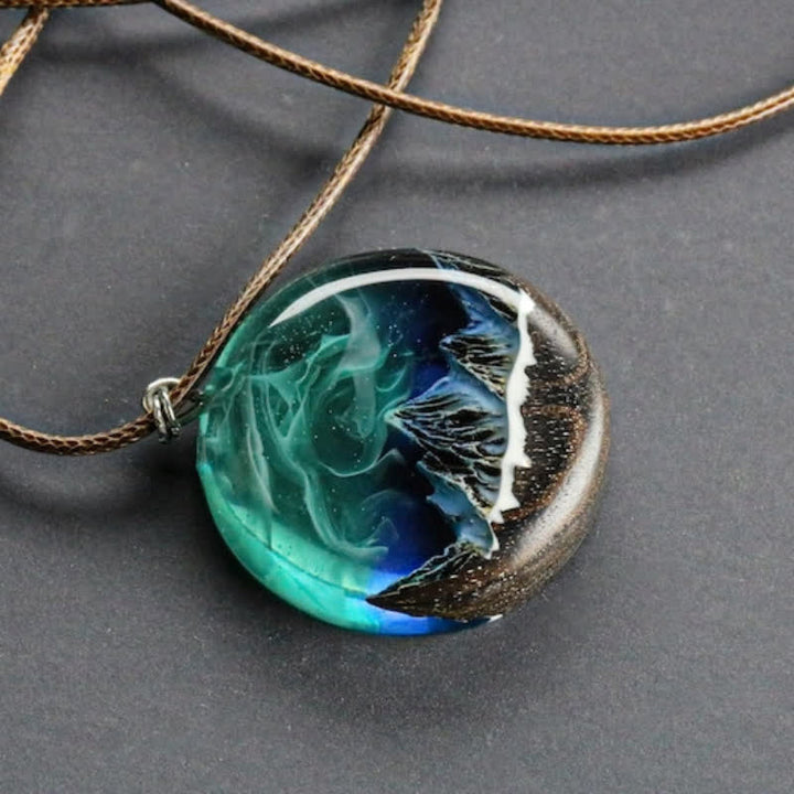 Olivenorma Aurora Borealis Wood Resin Round Pendant Necklace