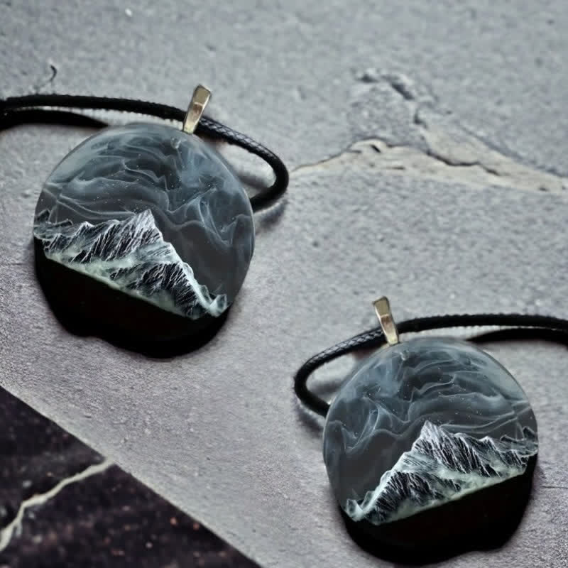 Olivenorma Gray Snow Mountain Aurora Resin Round Pendant Necklace