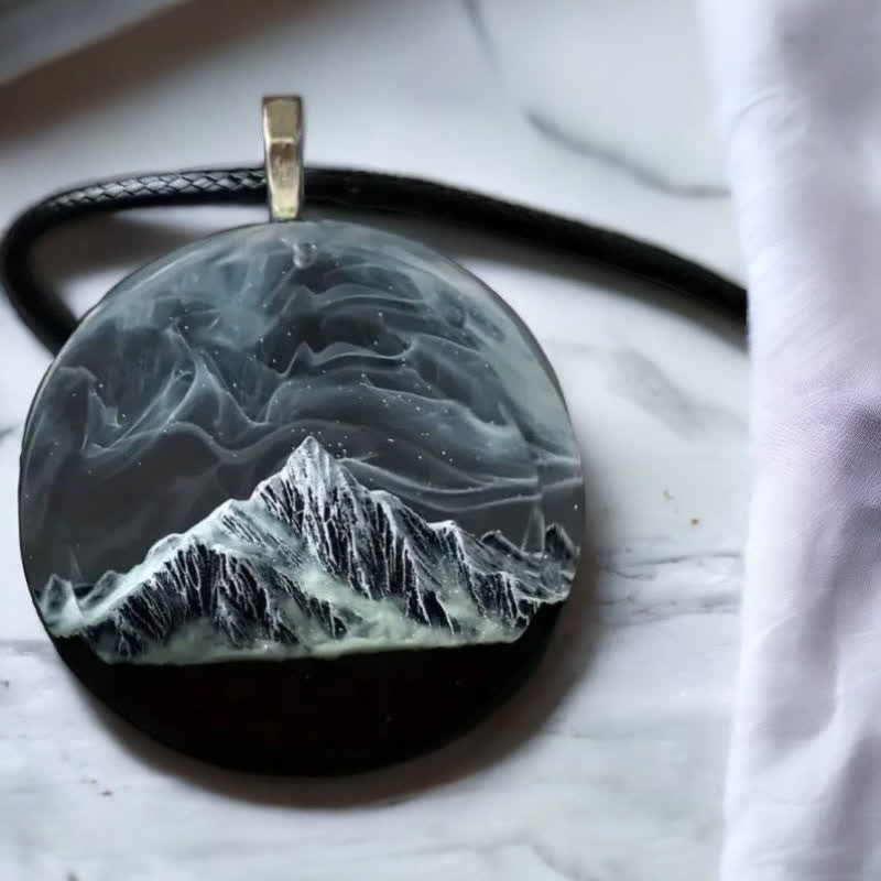 Olivenorma Gray Snow Mountain Aurora Resin Round Pendant Necklace