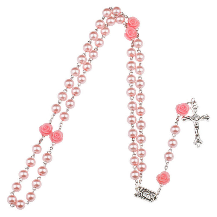 Olivenorma Pink Rose With Lourdes Medal Rosary Necklace