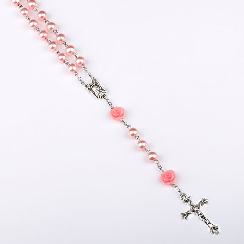 Olivenorma Pink Rose With Lourdes Medal Rosary Necklace