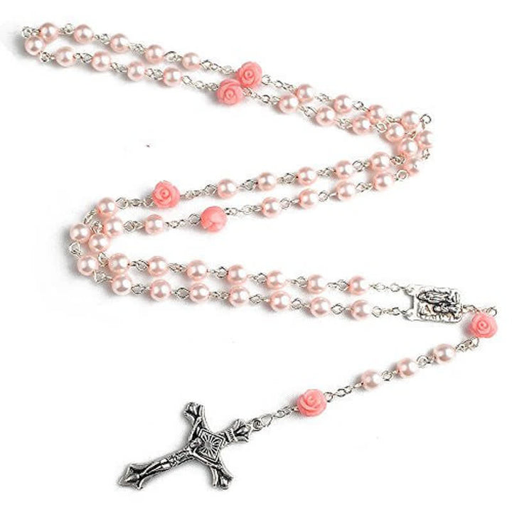 Olivenorma Pink Rose With Lourdes Medal Rosary Necklace