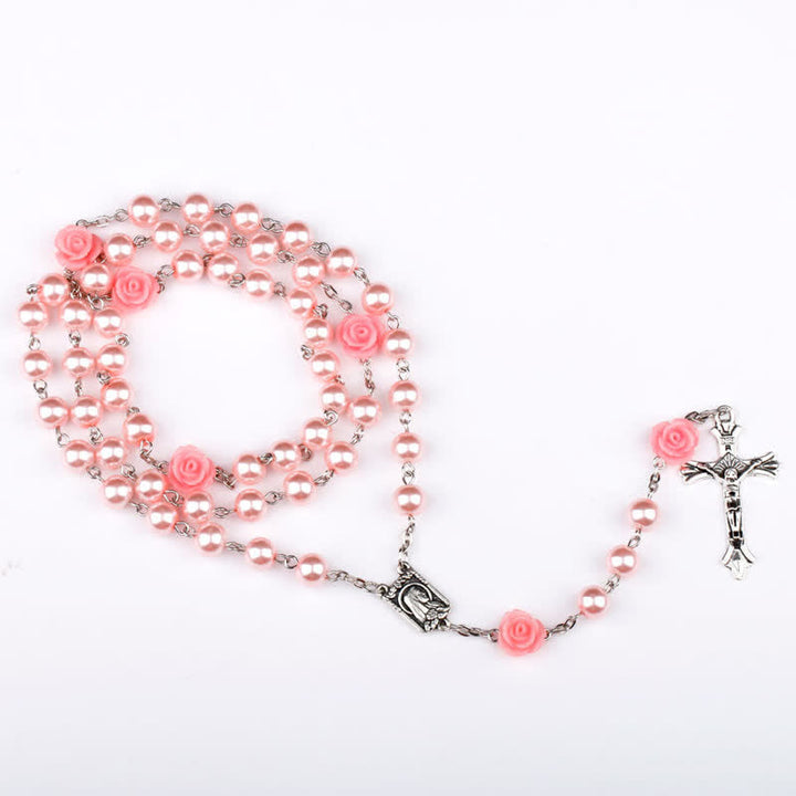 Olivenorma Pink Rose With Lourdes Medal Rosary Necklace