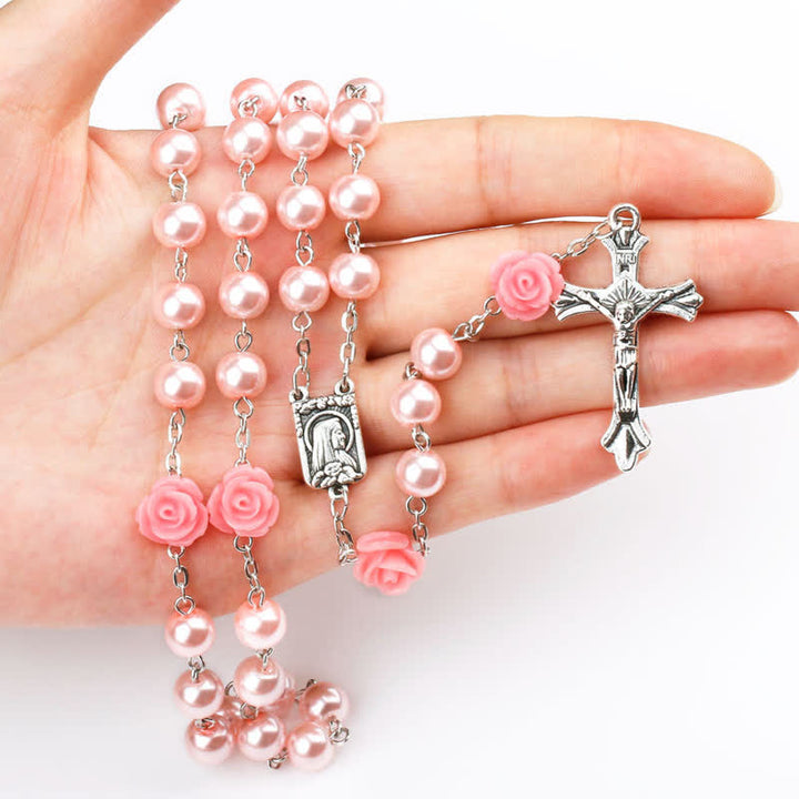 Olivenorma Pink Rose With Lourdes Medal Rosary Necklace