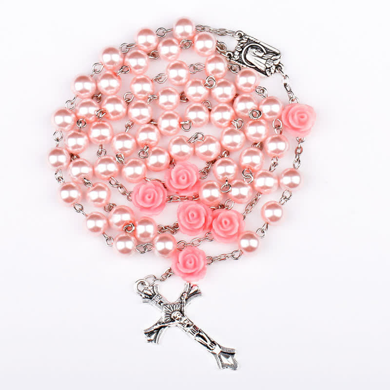 Olivenorma Pink Rose With Lourdes Medal Rosary Necklace