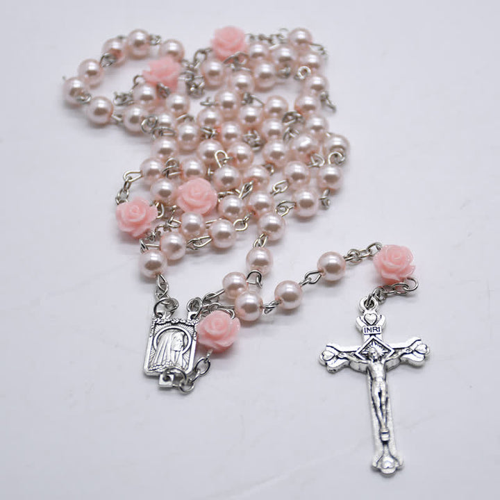 Olivenorma Pink Rose With Lourdes Medal Rosary Necklace