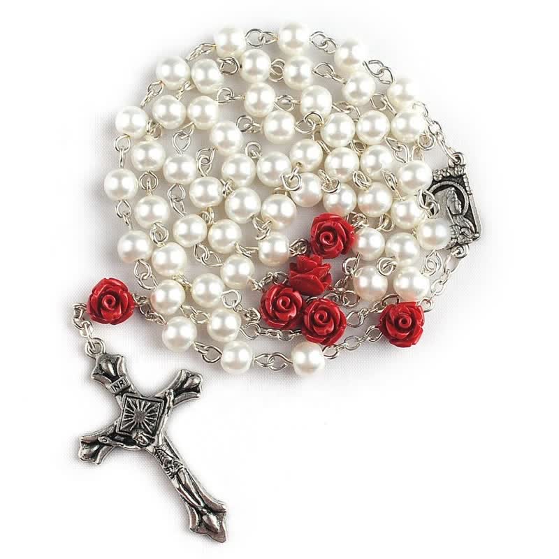 Olivenorma White Glass Beads Red Rose Rosary Necklace