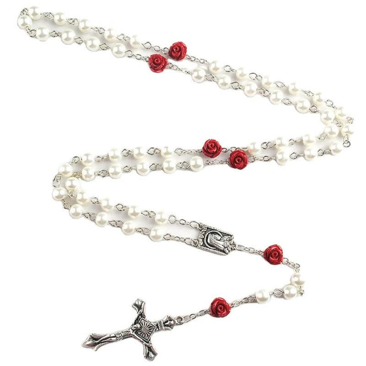 Olivenorma White Glass Beads Red Rose Rosary Necklace