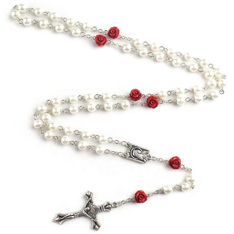 Olivenorma White Glass Beads Red Rose Rosary Necklace