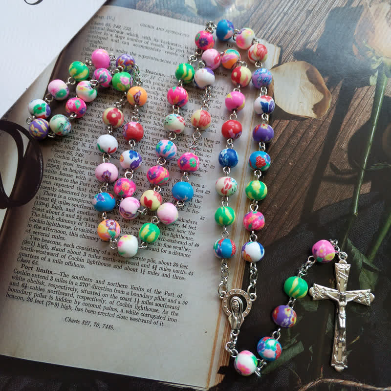 Olivenorma Color Polymer Clay Beads Cross Rosary Necklace