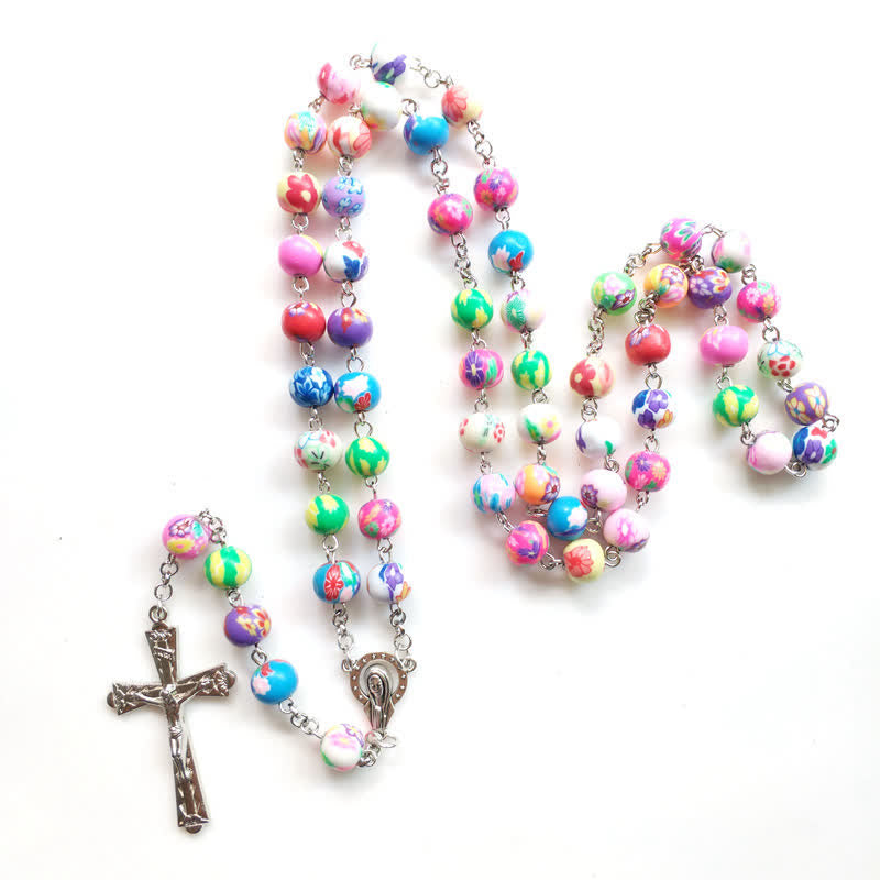 Olivenorma Color Polymer Clay Beads Cross Rosary Necklace