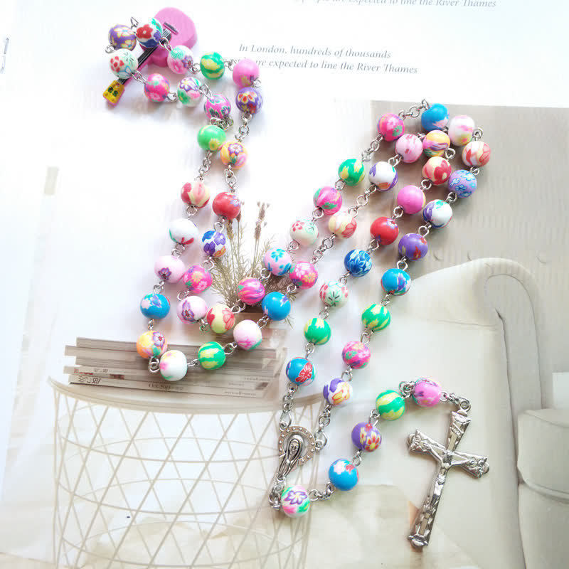 Olivenorma Color Polymer Clay Beads Cross Rosary Necklace